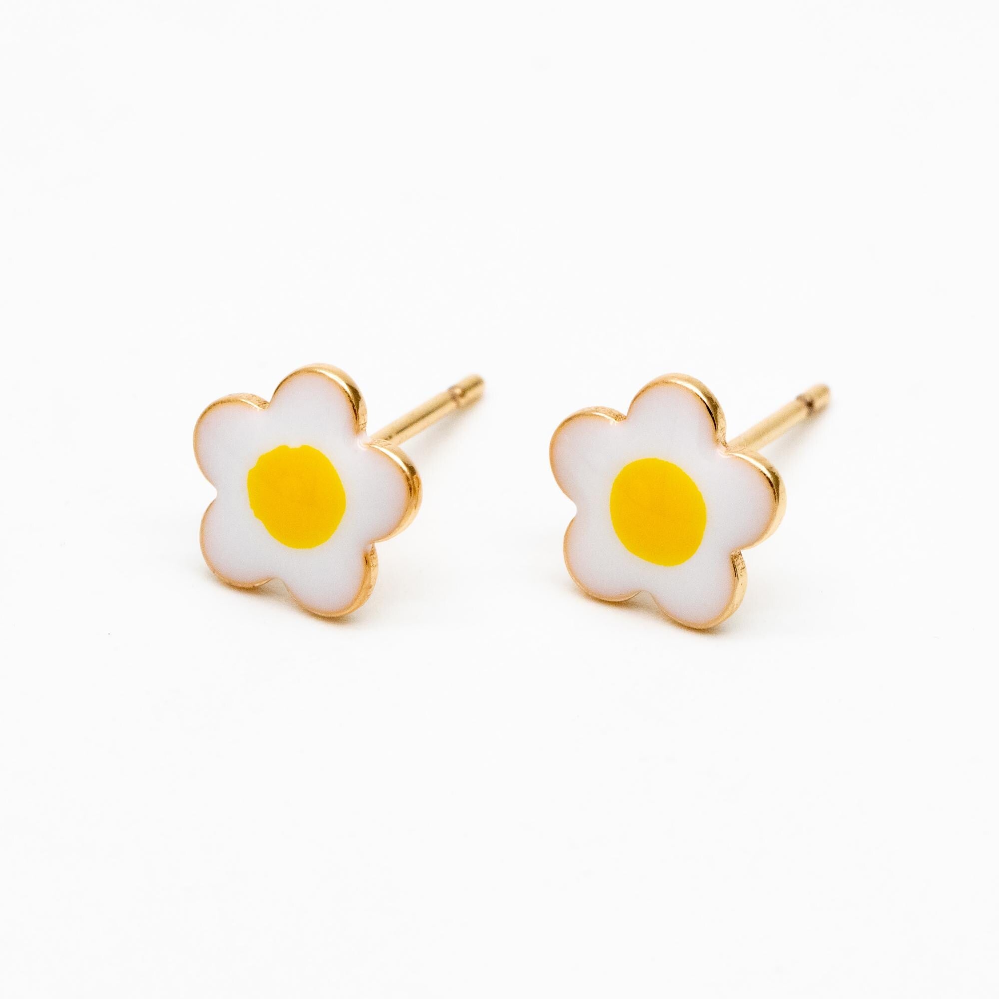 10pcs Gold Enamel Egg Flower Earrings, Gold Plated Brass, Floral Stud Earrings (GB-4608)